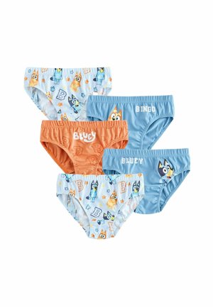 Set of five children's briefs featuring cartoon dog characters. Colors include light blue, orange, and blue, with various patterns and prints.