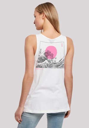 White tank top featuring a graphic print on the back. The design includes a pink sun and wave pattern in black ink. Soft cotton fabric.