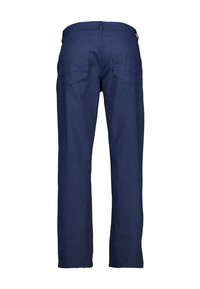 Pantaloni blu navy in tessuto strutturato, con design a gamba dritta, due tasche posteriori e cintura con passanti.