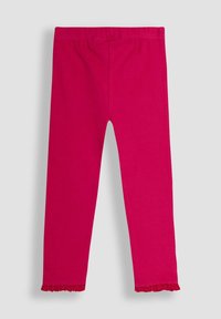 Fuchsia leggings made of soft, ribbed fabric with an elastic waistband and ruffled hem at the ankles.