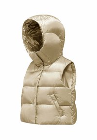 Gilet imbottito in beige chiaro con cappuccio, caratterizzato da un design trapuntato, tasche laterali e una texture di tessuto lucido.