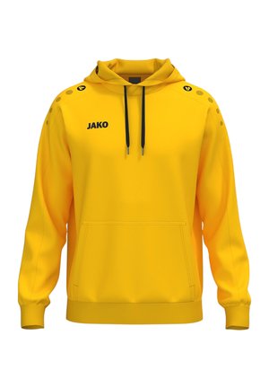 Sweat à capuche jaune vif avec cordons noirs, poche avant, logo "JAKO" sur la poitrine et motifs circulaires sur les épaules.