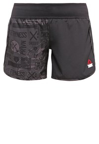 Svarta atletiska shorts med blandade enfärgade och mönstrade paneler som har fitness- och CrossFit-grafik, samt en liten röd och vit logotyp på fållen.
