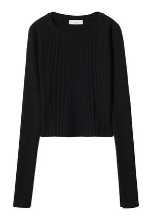 Czarny prążkowany krótki sweter z dzianiny, z długim rękawem, okrągłym dekoltem i dopasowaną sylwetką.