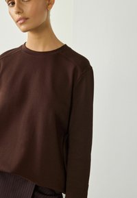 Brauner Pullover mit Rundhalsausschnitt und Raglanärmeln. Aus weichem Stoff gefertigt, mit lockerer Passform und glatter Textur.