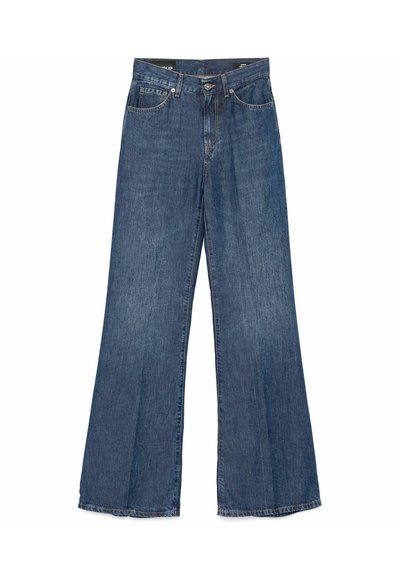 Jeans in denim a gamba larga di blu medio, con un classico design a cinque tasche, chiusura con bottone in metallo e cuciture a contrasto.