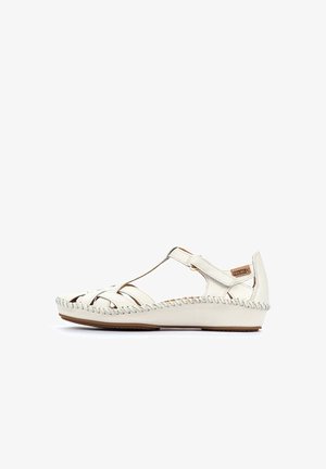 White leather sandal with woven design, open sides, raised heel, and stitched edging. Features a small logo tag near the ankle.