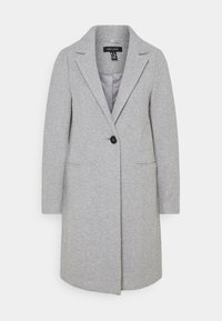 Lichtgrijze lange jas gemaakt van een gestructureerde wolmix. Voorzien van een reverskraag, een sluiting met één knoop en twee zijzakken.