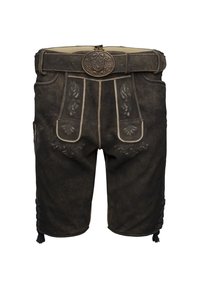 Tradycyjne ciemno-brązowe skórzane lederhosen z haftowanymi kwiatowymi wzorami, przednią klapą, pętelkami na pasek i dekoracyjną mosiężną klamrą.