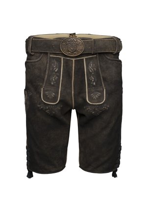 Traditionele donkerbruine leren lederhosen met geborduurde bloemenpatronen, een voorflap, riemlussen en een decoratieve messing gesp.