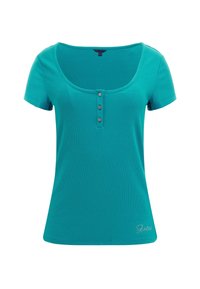 Top a maniche corte a coste color verde acqua con scollatura a tondo, caratterizzato da quattro bottoni decorativi centrali e un piccolo dettaglio sull'orlo.