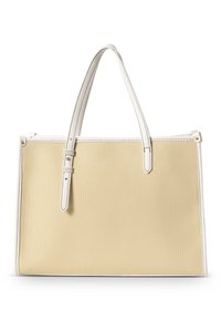Beige Leinentragetasche mit weißen Akzenten und zwei Griffen. Schlichte Linien, strukturierte Form und keine sichtbaren Verzierungen oder Muster.