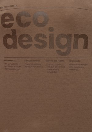 Brūns audums, uz kura ir rāmis ar izteiksmīgu tekstu par ekodizaina principiem, tostarp kategorijām: minimālisms, funkcionalitāte, mono-materials un izturība.