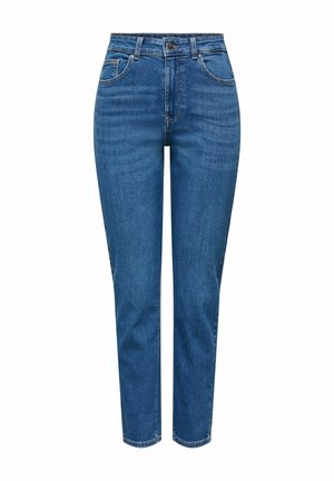 Blauwe spijkerbroek met een strakke pasvorm, hoge taille en rechte pijpen. Bevat vijf zakken en zichtbare stikseldetails.