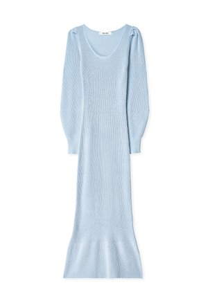 Long, ribbed dress in light blue with a scoop neckline and puffed sleeves. Flared hem detail adds a soft texture to the design.