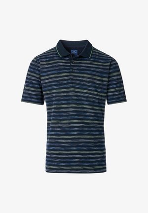 Marineblauwe polo met horizontale strepen in groen en blauw. Katoenen materiaal, klassieke kraag, korte mouwen en een borstzak.