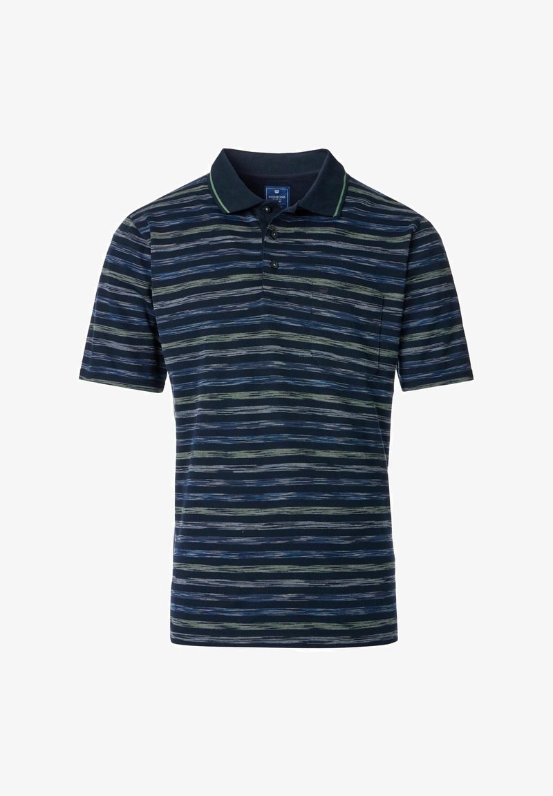 Granatowa koszulka polo w poziome paski w kolorze zielonym i niebieskim. Wykonana z bawełny, klasyczny kołnierzyk, krótkie rękawy i kieszonka na piersi.