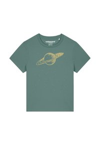 Teal, kort mouw T-shirt van katoen met een gele illustratie van Saturnus met sterren, ronde hals en klassieke pasvorm.