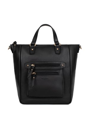 Borsa a mano in pelle nera con due manici, due tasche frontali con cerniera e dettagli in metallo color oro.