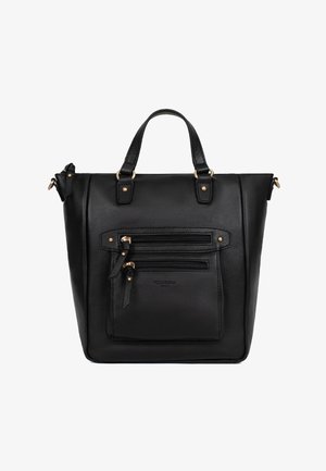 Zwarte leren handtas met twee handvatten, twee voorvakjes met rits en goudkleurige metalen accenten.