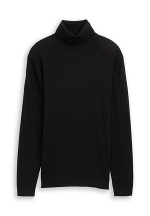 Černý rolák vyrobený z měkké, texturované látky; má dlouhé rukávy a žebrovaný límeček. Jednoduchý design bez dalších vzorů.