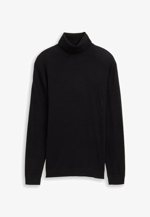 Maglione a collo alto nero realizzato in un morbido tessuto texturizzato; presenta maniche lunghe e un colletto a costine. Design semplice senza ulteriori motivi.