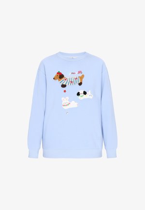 Jasnoniebieska bluza z długimi rękawami, ozdobiona kolorowymi haftowanymi postaciami z kreskówek, w tym jamnikiem, królikami i psem.