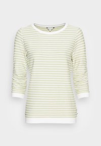 Haut à manches longues rayé en vert pâle et blanc, avec un col rond, des manches froncées, et un ourlet et des poignets unis blancs.