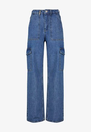 Blaue Denim-Cargohosen mit weitem Bein, zwei Seitentaschen und hoher Taille. Aus strukturiertem Stoff mit einer klassischen Waschung gefertigt.