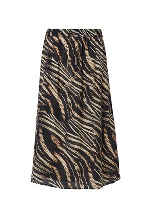 Midi skirt in lightweight fabric featuring a tiger stripe pattern in black, brown, and cream, with an elastic waistband for comfort.