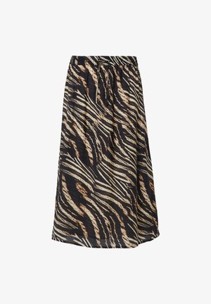 Midikleid aus leichtem Stoff mit einem Tigerstreifenmuster in Schwarz, Braun und Creme, mit einem elastischen Bund für zusätzlichen Komfort.