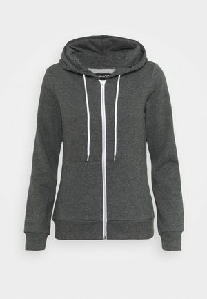Sweat à capuche zippé gris foncé avec cordons blancs et poches avant, conçu avec des manches longues et des poignets et un ourlet côtelés.