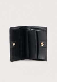 Black leather wallet with a textured finish, featuring multiple card slots, a central compartment, and a gold-tone snap closure.