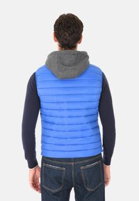 Uomo che indossa un gilet trapuntato blu con cappuccio grigio sopra una maglietta a maniche lunghe blu navy e jeans blu scuro, di spalle su uno sfondo bianco.