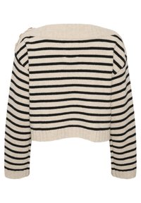 Pull court avec des rayures noires et crème, ourlet et poignets côtelés, avec des boutons décoratifs sur l'épaule gauche en matière tricotée douce.