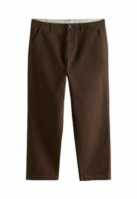 Brown cotton pants featuring a flat front design, side pockets, and a smooth texture. The waistband includes a button closure.