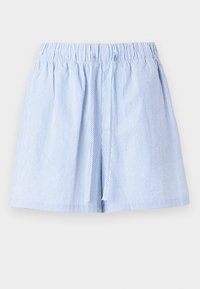 Shorts a righe blu chiaro con vita elasticizzata e dettaglio con coulisse. Realizzati in tessuto morbido con vestibilità comoda e design plissettato.