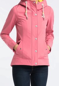 Roze hoodie jack met een gladde textuur, metalen knopen en koordjes. Beschikt over twee voorzakken en een contrasterende gele voering.