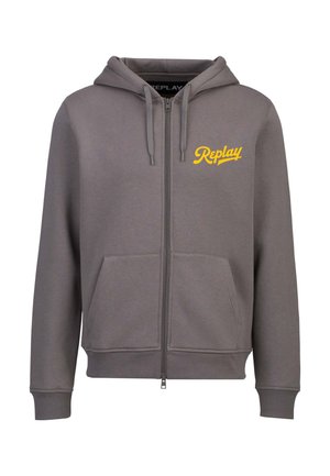 Gray zip-up hoodie made of soft fabric. Features a front pocket, drawstring hood, and yellow "Replay" logo on the chest.