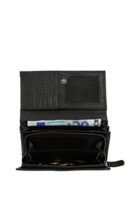 Black leather wallet with multiple card slots, a clear ID pocket, zippered compartment for coins, and space for folded cash.