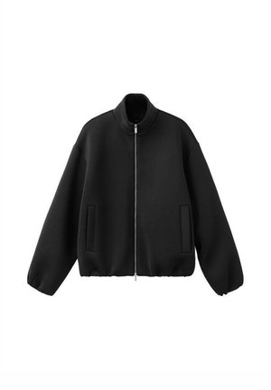 Black bomber jacket made of smooth fabric, featuring a high collar, front zipper, and side pockets with a relaxed fit and elastic cuffs.