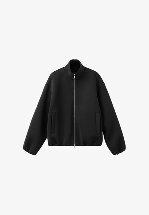 Black bomber jacket made of smooth fabric, featuring a high collar, front zipper, and side pockets with a relaxed fit and elastic cuffs.