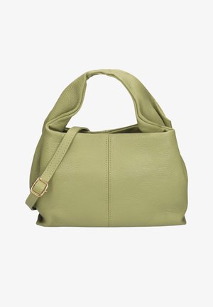 Sac à main en cuir texturé vert clair avec poignées courtes rembourrées et bandoulière fine ajustable avec boucle dorée sur fond blanc.