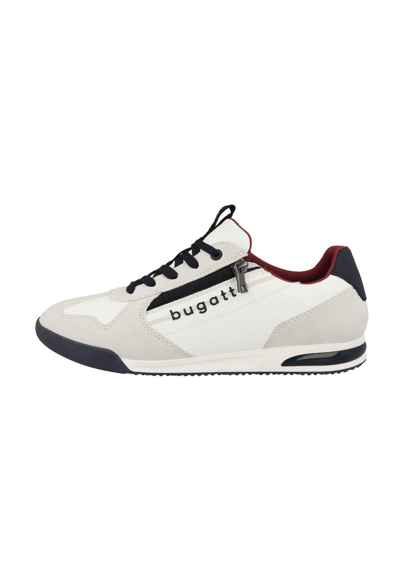 Weißes und graues Sneaker mit strukturiertem Finish, schwarzen Schnürsenkeln, Reißverschlusstasche und roten Akzenten. Verfügt über eine gepolsterte Sohle und Logodetail.