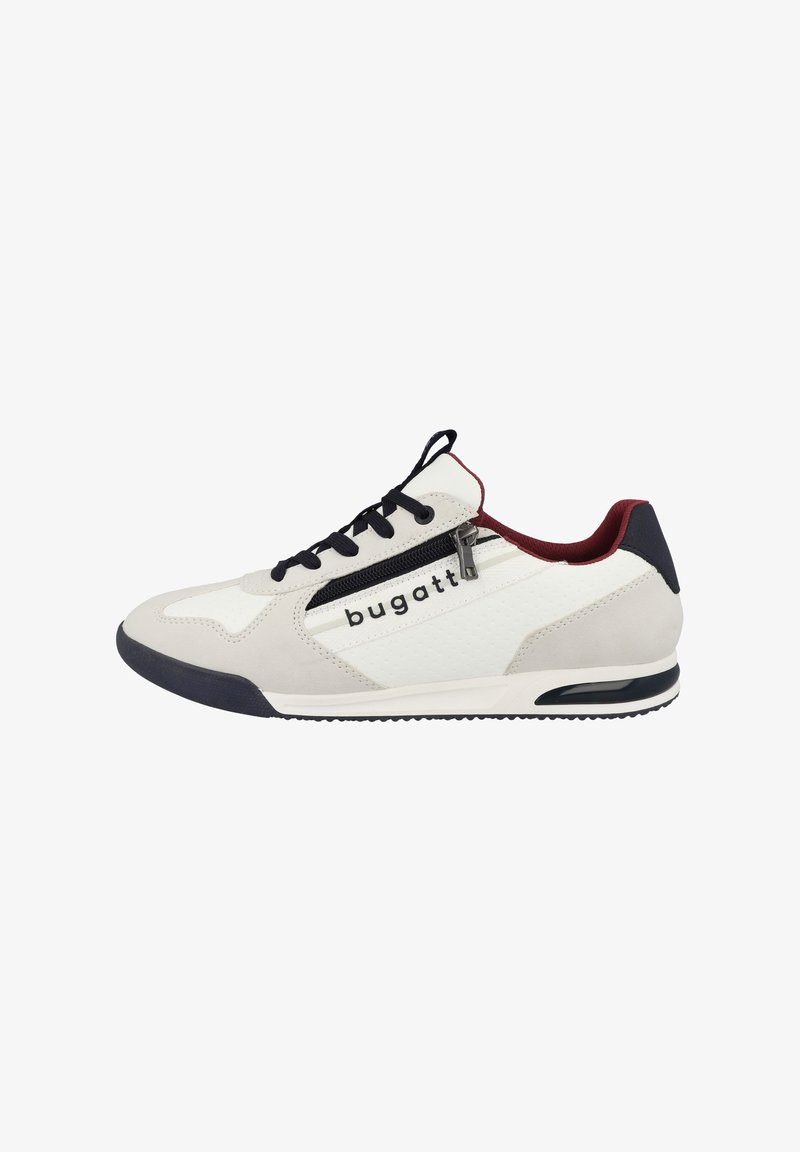 Weißes und graues Sneaker mit strukturiertem Finish, schwarzen Schnürsenkeln, Reißverschlusstasche und roten Akzenten. Verfügt über eine gepolsterte Sohle und Logodetail.