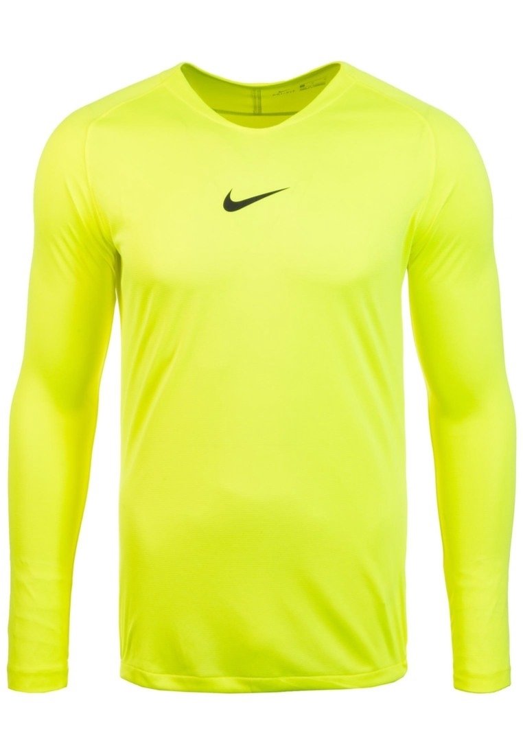 Svetle žluté tričko s dlouhým rukávem na sportování, kulatým výstřihem a černým logem Nike swoosh umístěným na hrudi.