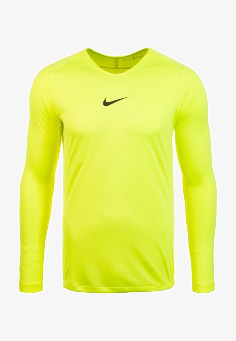 Svetle žluté tričko s dlouhým rukávem na sportování, kulatým výstřihem a černým logem Nike swoosh umístěným na hrudi.