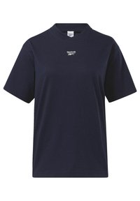 Námořnická modrá bavlněná tričko s kulatým výstřihem, krátkými rukávy a bílým logem Reebok potisknutým na hrudi. Hladká textura, standardní střih.