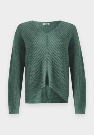 Roheline kampsun pikkade varrukatega, V-kaelusega ja ees jagatud disainiga. Omab struktureeritud mustrit ja lõdvestunud istuvust.