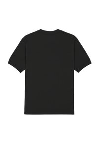 T-shirt nera a maniche corte, realizzata in tessuto liscio, presenta un collo a giro e un design semplice e pulito senza decorazioni visibili.